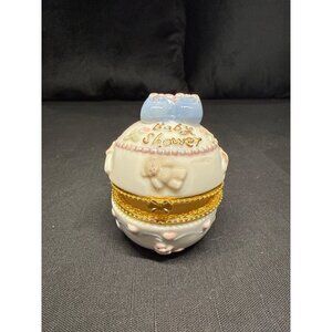 Baby Shower Trinket Box Porcelain Egg-Shaped With Gold Hinge And Pastel Baby
